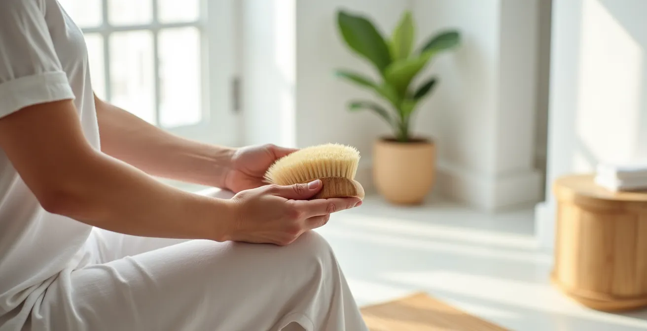 Hands demonstrating gentle upward brushing motion on arm with soft-bristled dry brush