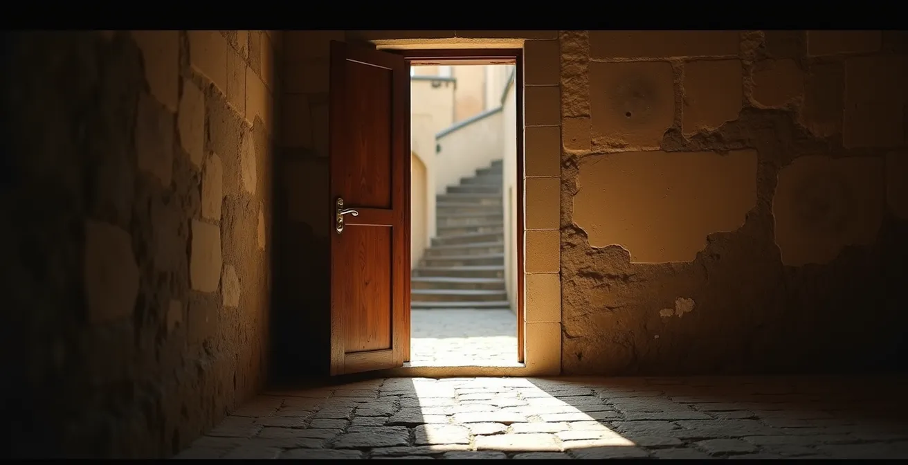 Hidden traboule entrance in Lyon's Croix-Rousse district with morning shadows