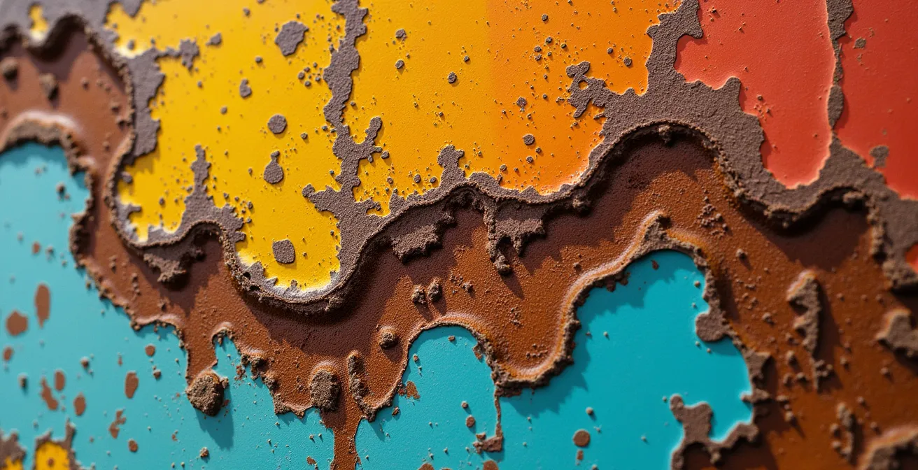 Extreme close-up of peeling paint layers creating abstract patterns on abandoned wall