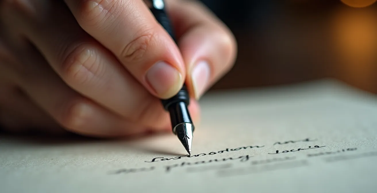 Extreme close-up of hand writing with pen showing texture and movement