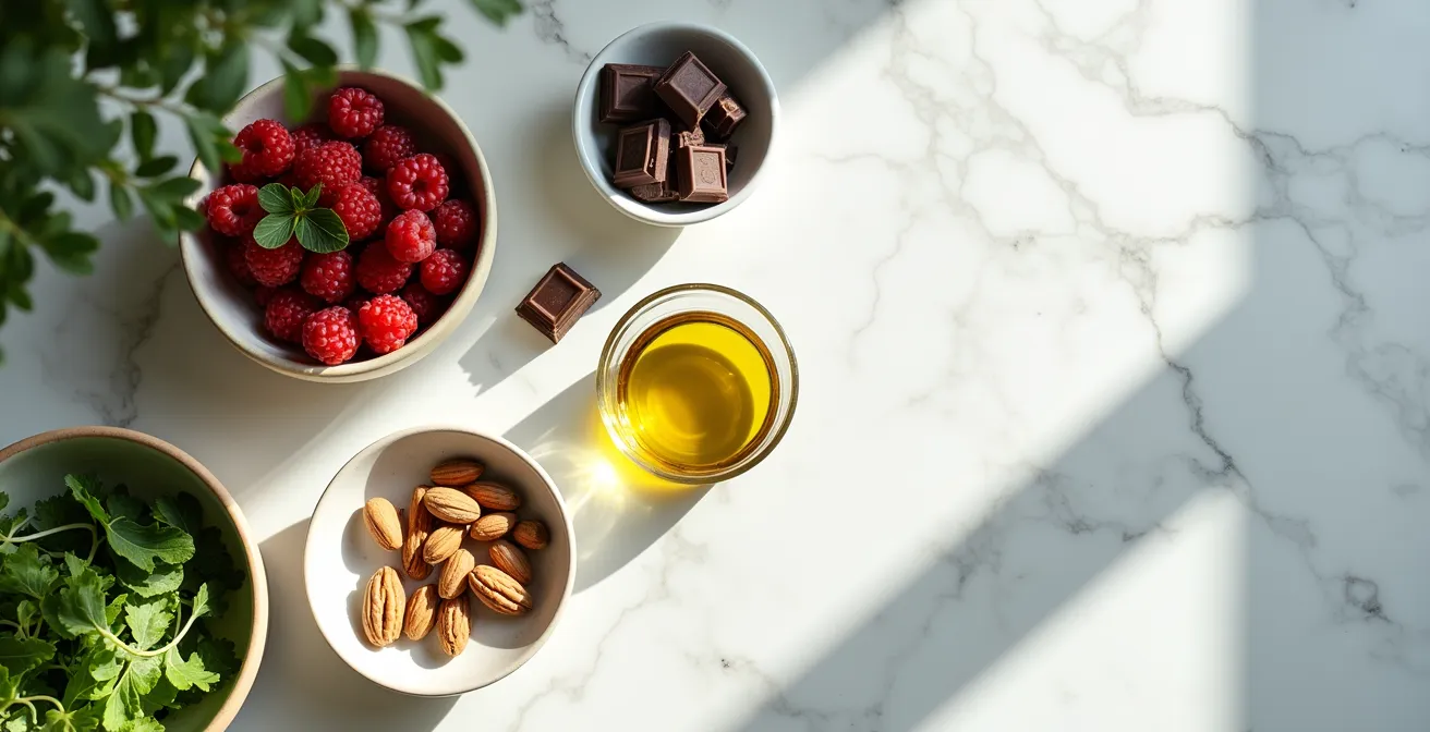 Urban kitchen scene with Mediterranean-inspired longevity foods arranged naturally