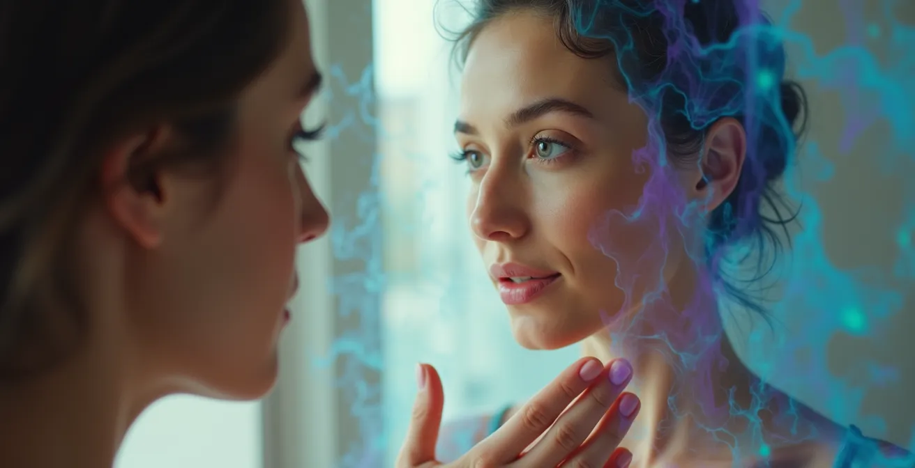 A person facing a mirror, but their reflection is an abstract flow of colors, representing their inner emotional state instead of their physical appearance.