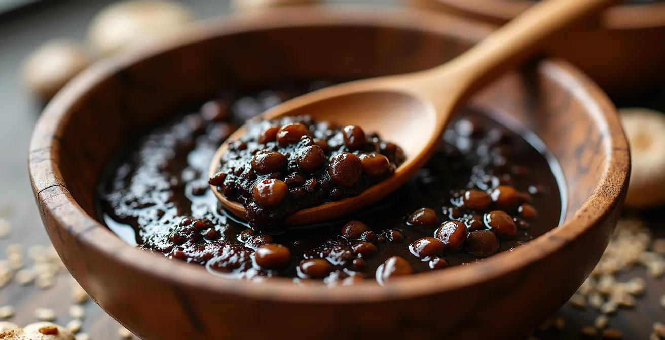 Close-up of rich brown miso mushroom paste in wooden bowl with visible texture
