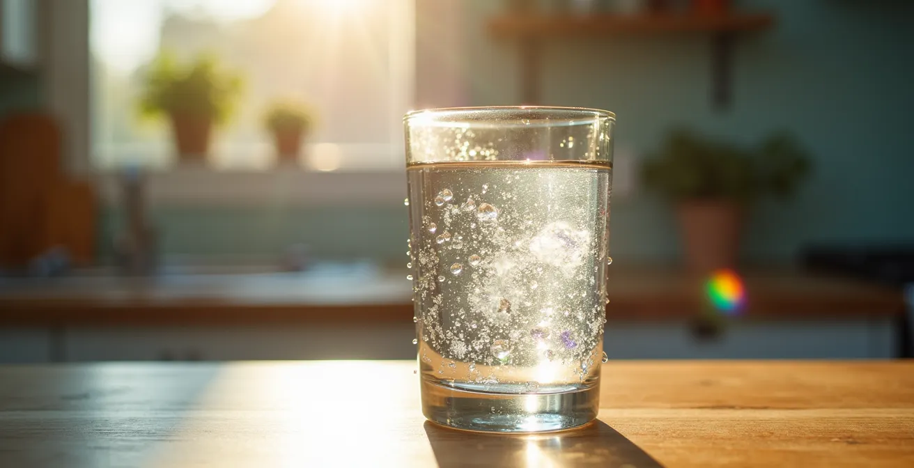 A tall glass of water on a kitchen counter with soft morning light creating prismatic reflections