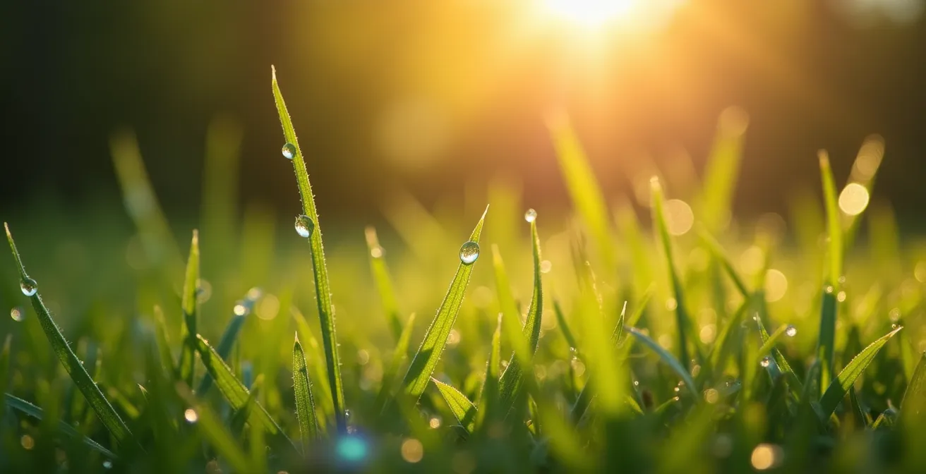 Morning sunlight streaming through forest clearing with dew on grass