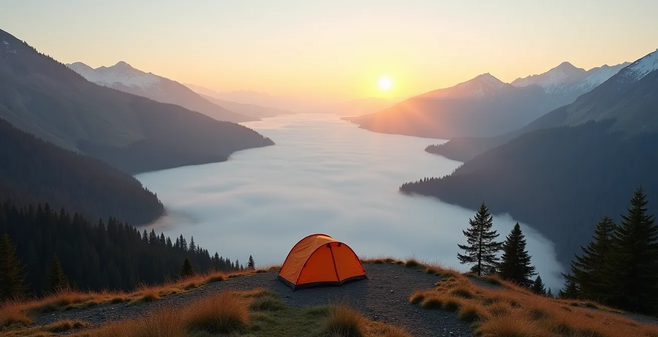 Cross-section of a mountain valley showing cold air flowing downhill and pooling in the bottom, with an arrow pointing to the optimal tent placement zone on a mid-slope bench.