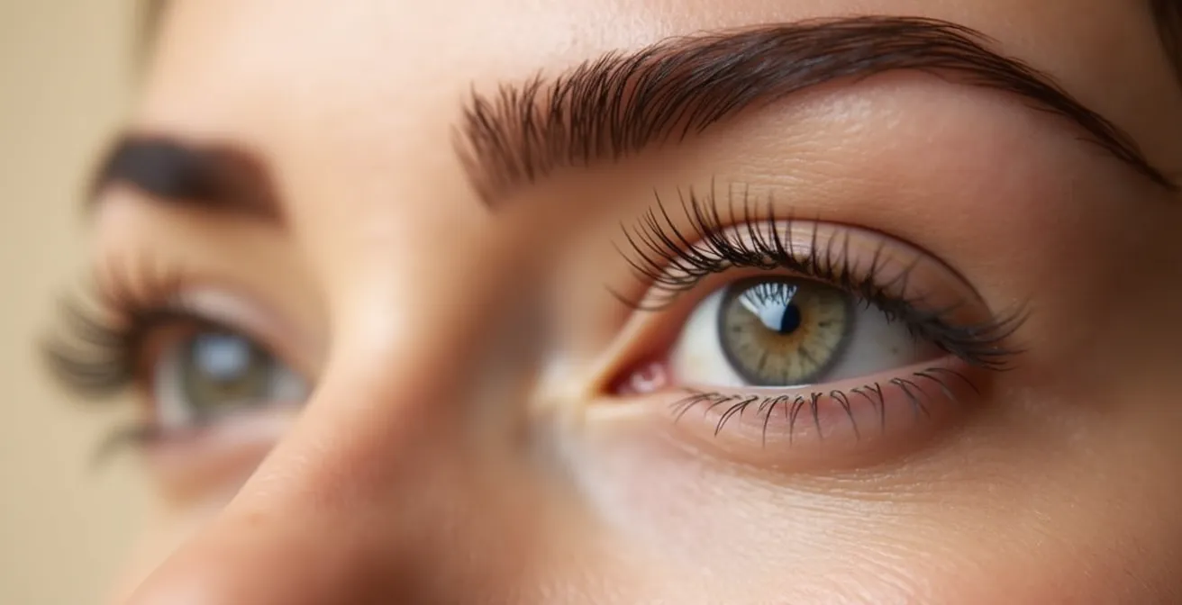 Close-up of naturally groomed eyebrows showing upward laminated texture