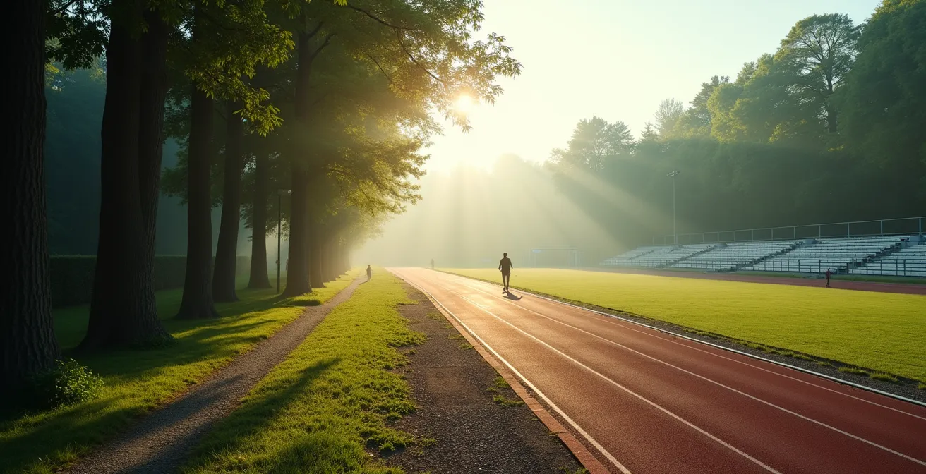 Split scene showing a person walking peacefully in a forest versus another person sprinting intensely on a track, visualizing different stress responses