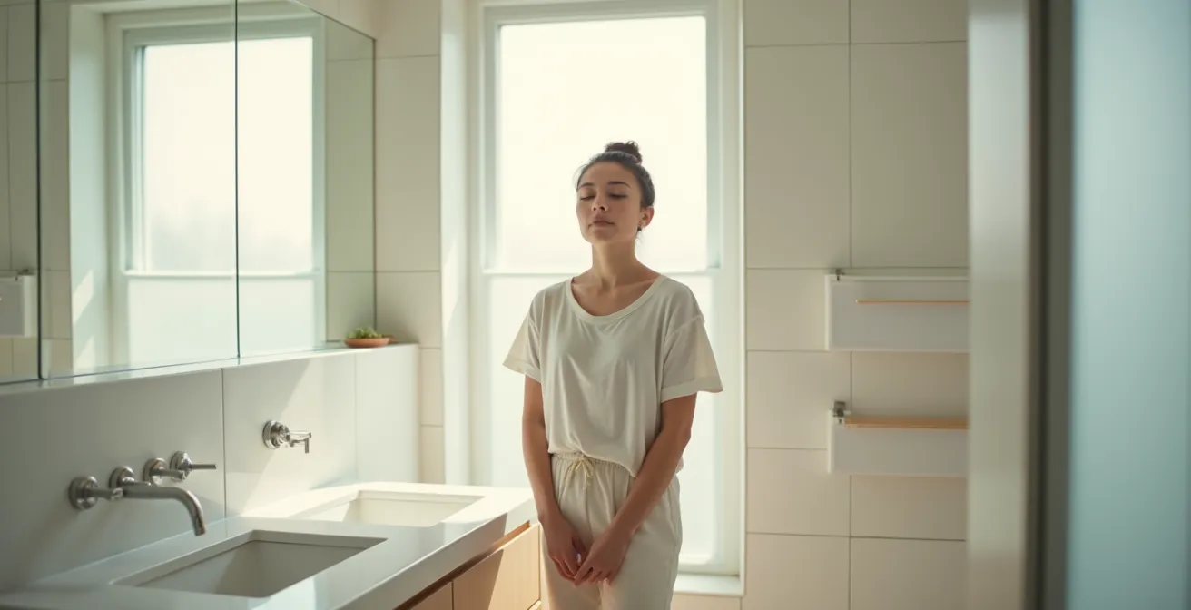 Person standing before bathroom mirror in soft morning light, hands relaxed at sides, eyes closed in peaceful meditation pose