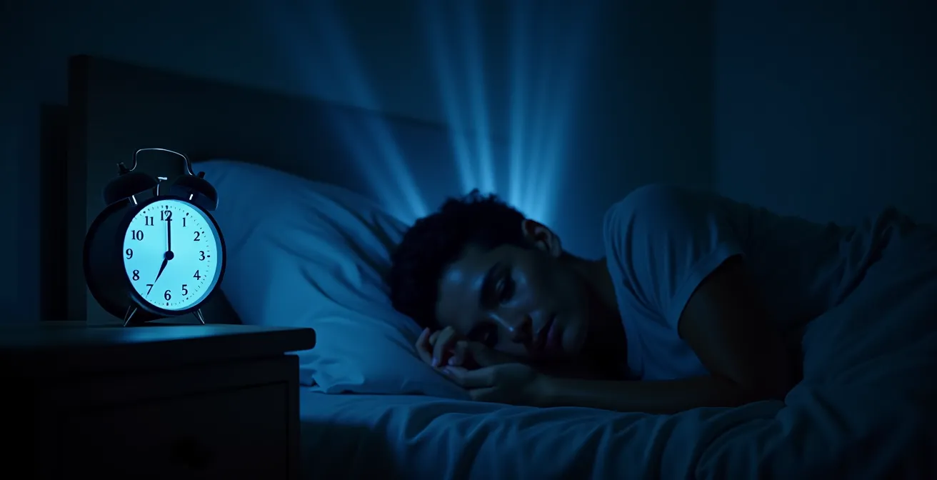 Dark bedroom scene showing blue light emanating from a phone on nightstand affecting sleep
