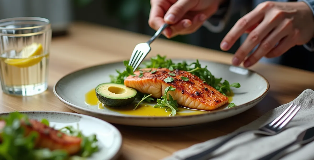 Balanced meal with salmon, avocado and greens on minimalist plate