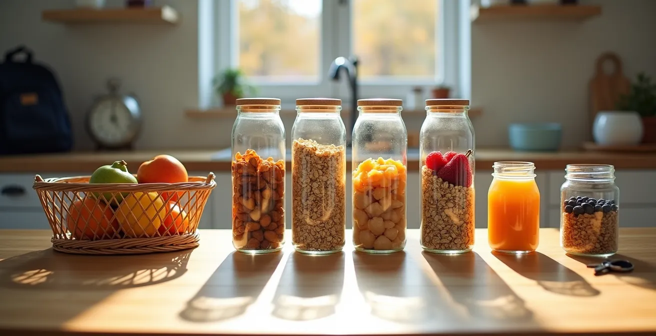 A well-organized breakfast station with pre-portioned items in containers and a weekly menu board