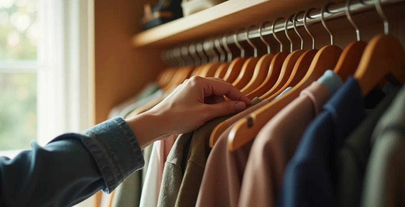 Systematically organized closet showing outfit groupings and color coordination