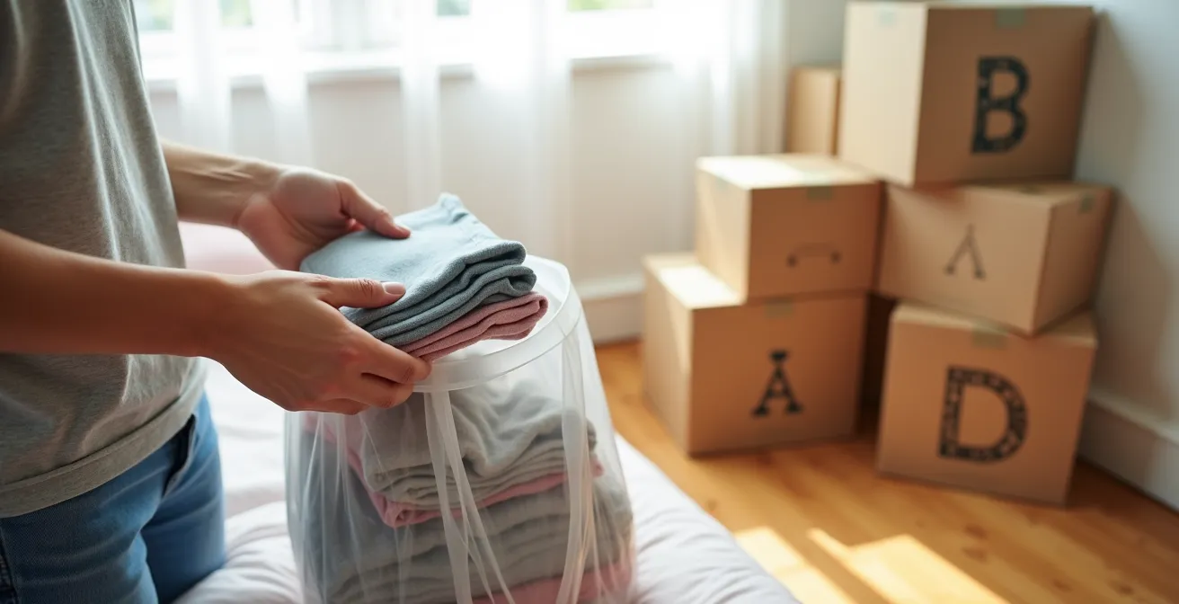 Neatly labeled donation boxes and bags organized in a bright bedroom corner
