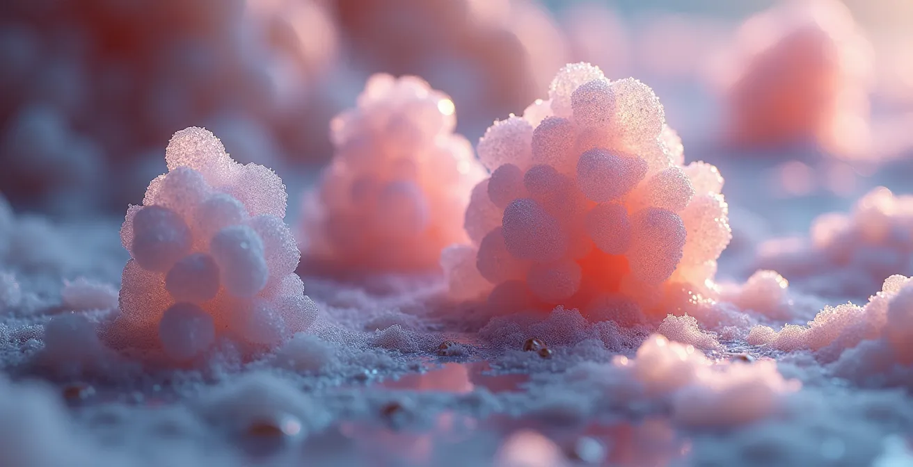 Microscopic view of salt crystals creating osmotic pressure on bacterial cells