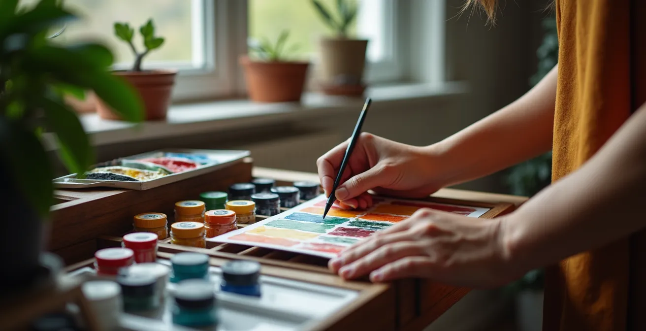 Compact portable painting station in a small apartment corner, showing organized supplies.