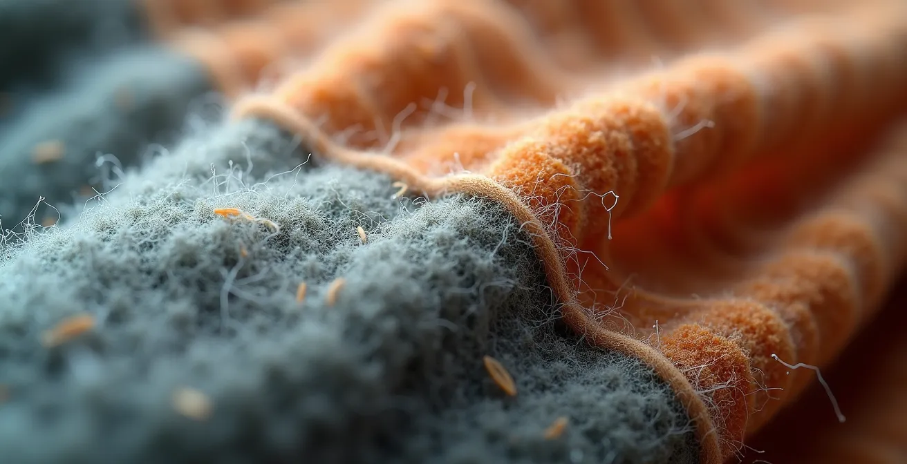 Microscopic view of polyester fiber surface degradation