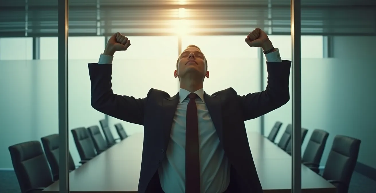 Professional practicing confidence poses in private office before important meeting