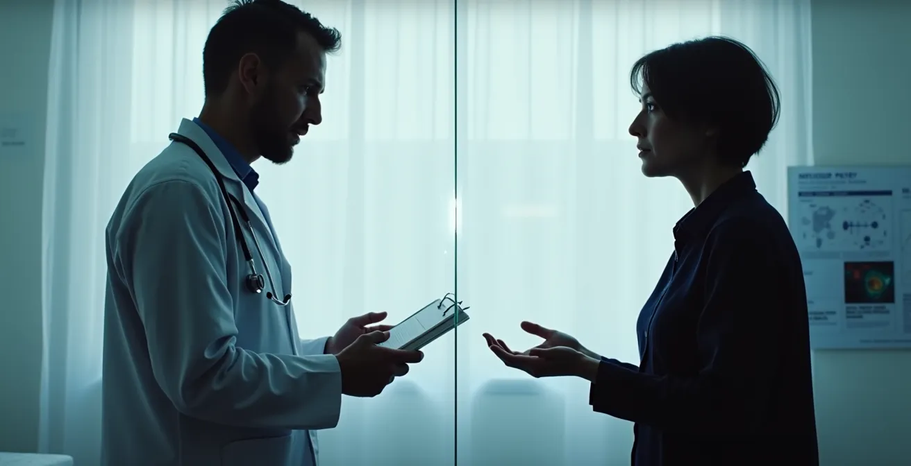 A split-image contrasting a professional medical consultation in a bright Swiss clinic with a shadowy, ambiguous guru figure.