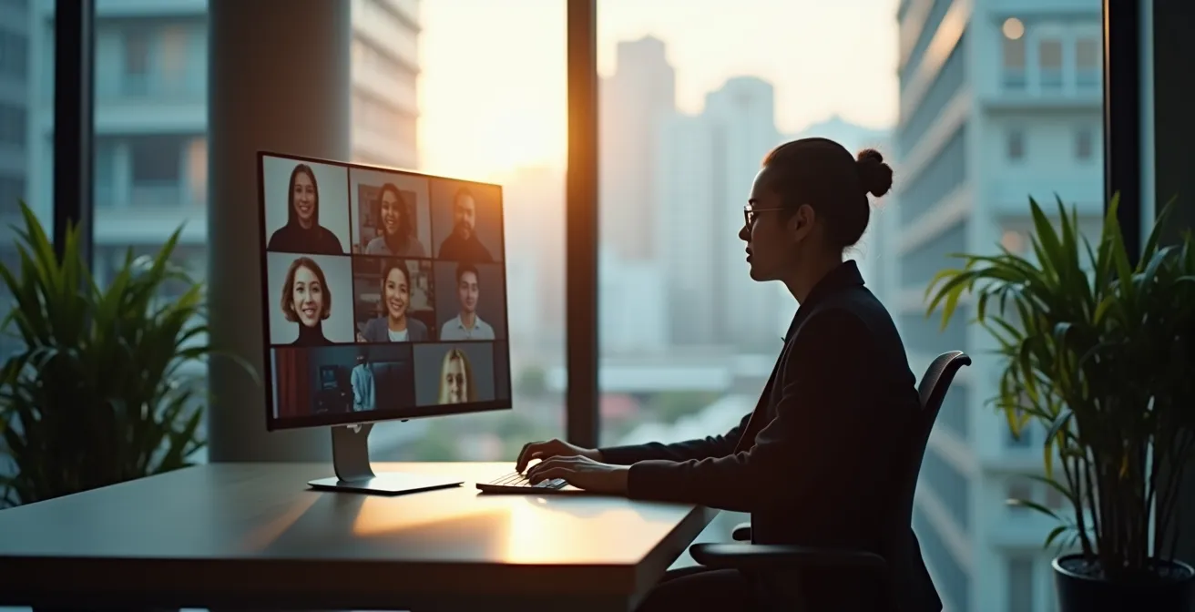 Office worker taking discrete stretching break during video conference