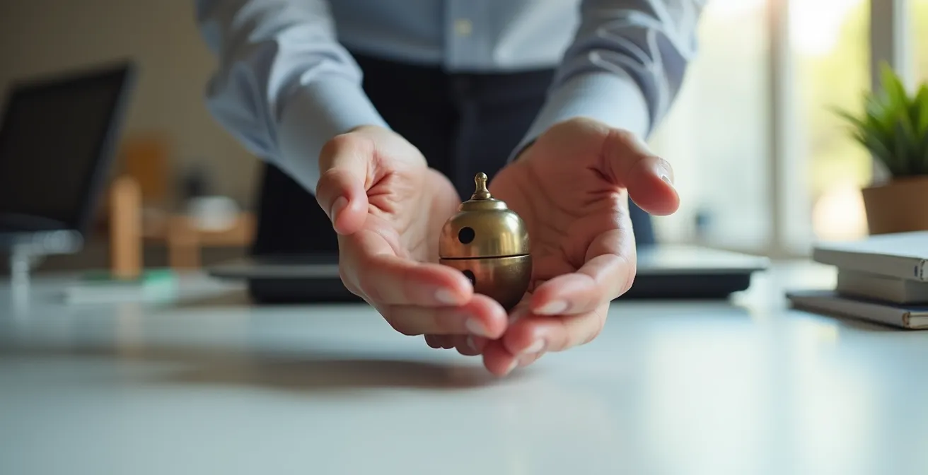 Professional pausing between tasks with hand on desk in contemplative gesture