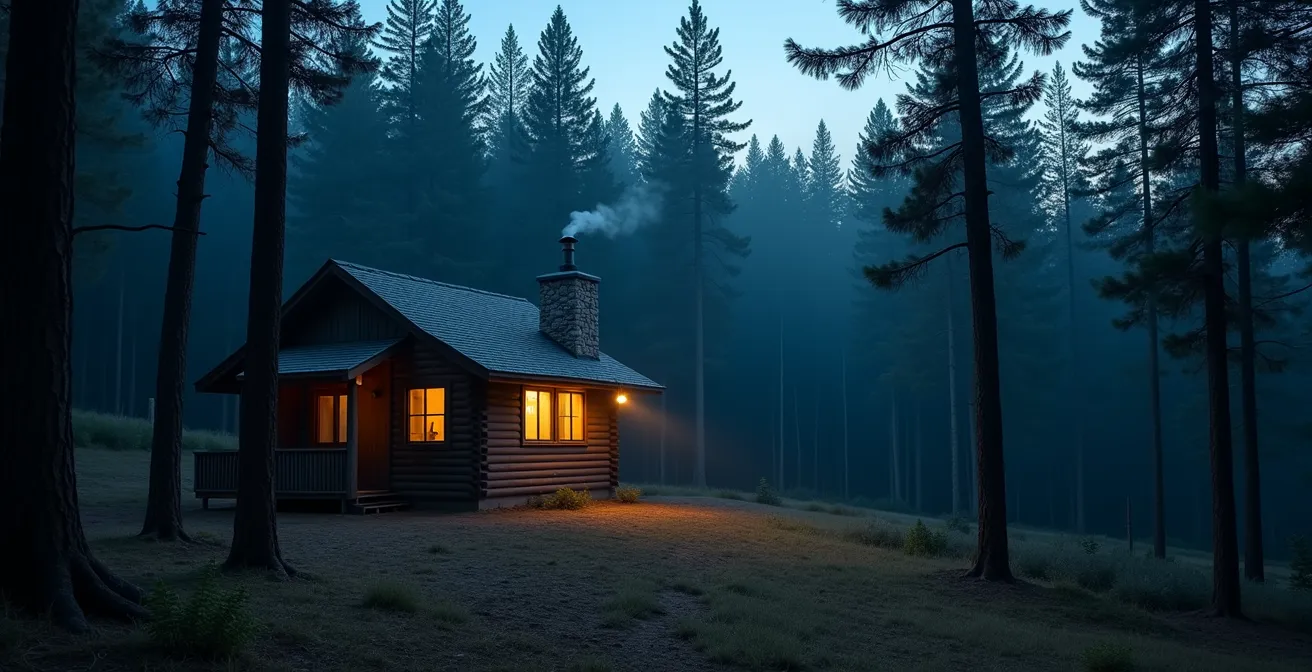 Isolated wooden cabin deep in a pine forest with no visible technology, symbolizing a true digital detox.