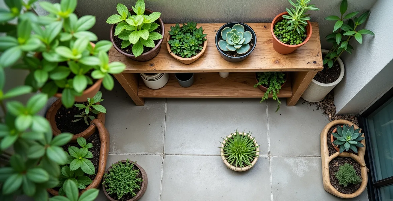 Overhead view of various hardy plants including mint, succulents, and microgreens arranged on a minimalist balcony space