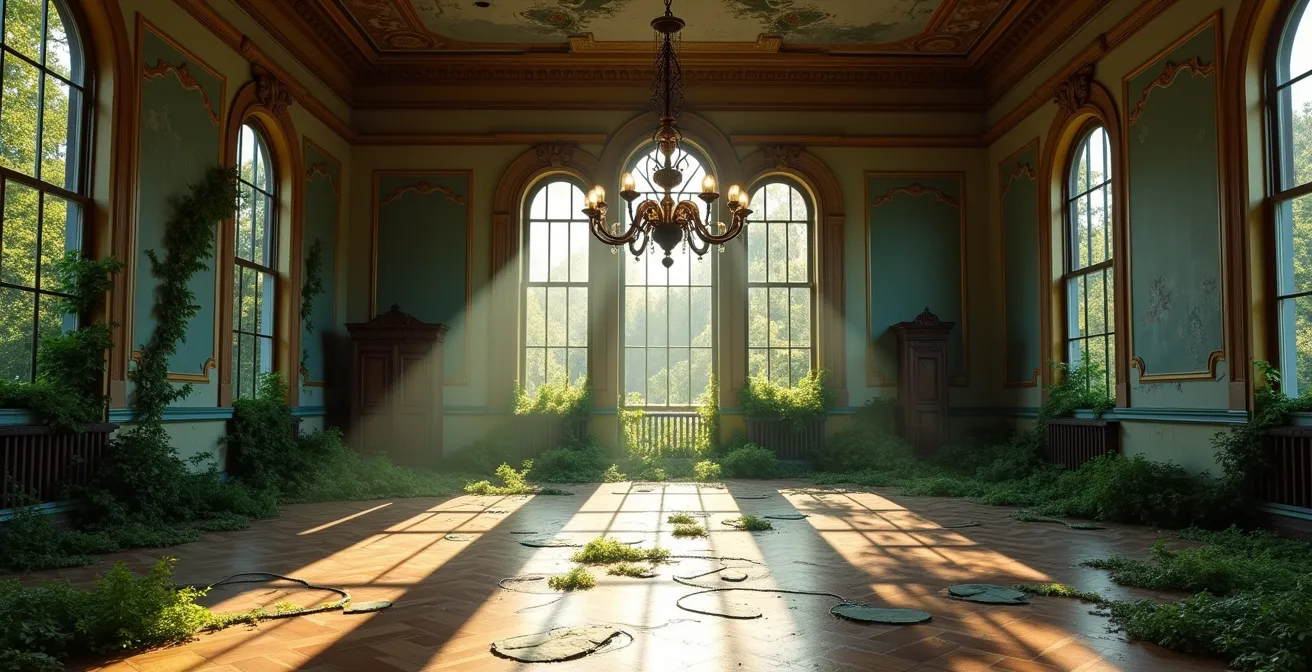 Sunlight streaming through broken stained glass windows in an abandoned ballroom overtaken by vegetation