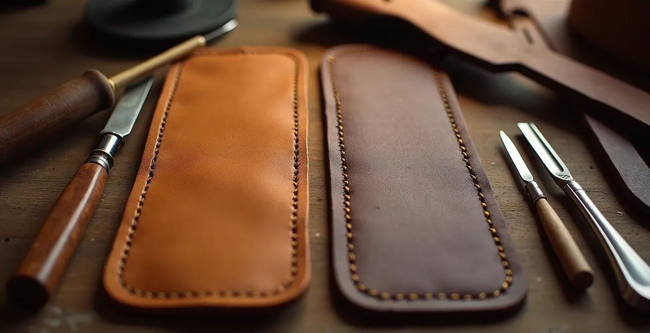 Split-screen comparison showing the distinctive angle of a hand-sewn saddle stitch versus a straight machine lockstitch on leather.