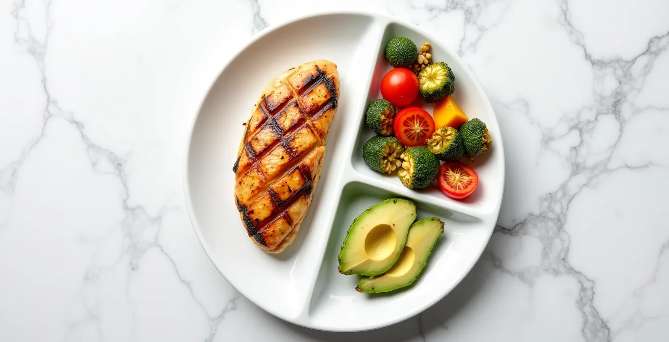 Visual guide showing the satiety trio of protein, fiber, and healthy fats on a plate