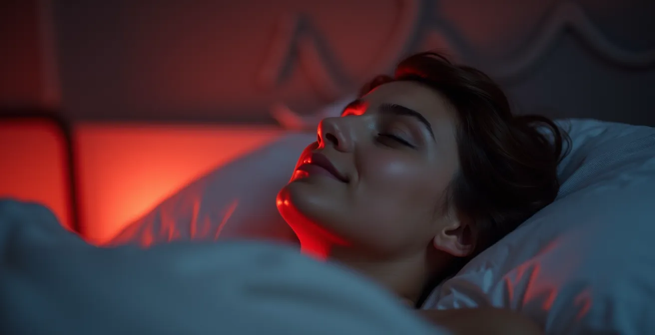 A serene bedroom setup showing minimal red ambient lighting combined with a visual representation of soothing sound waves, creating a sensory cocoon.