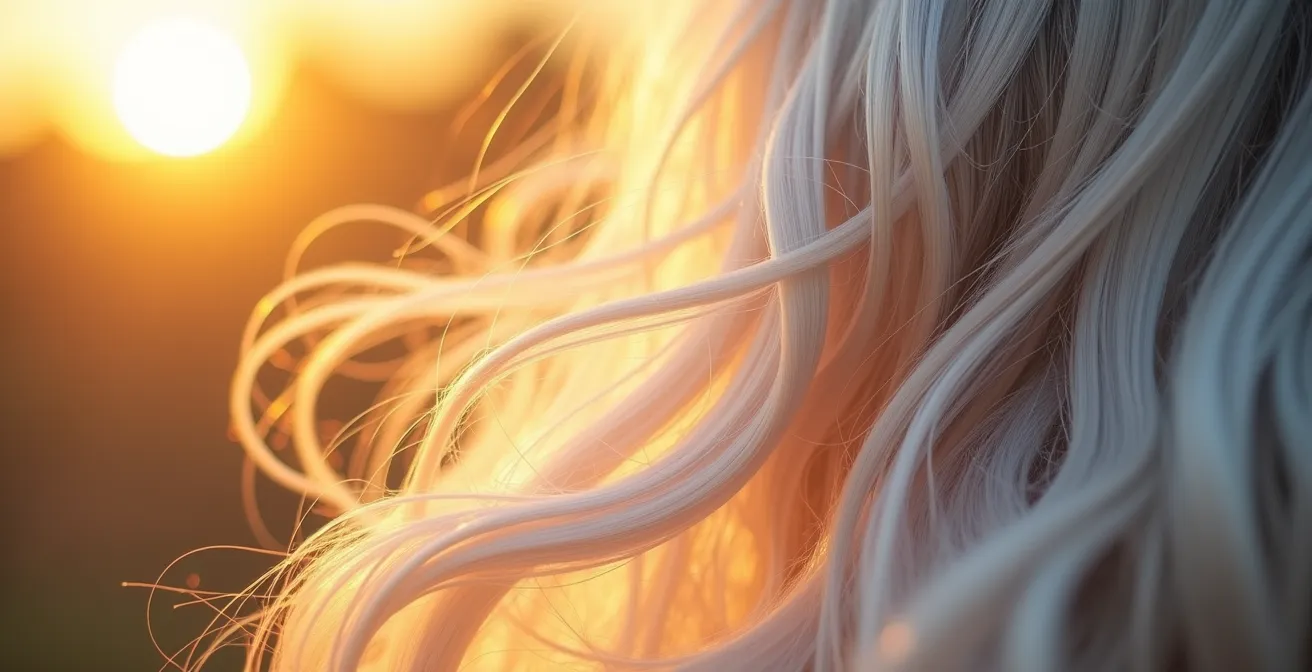Elegant older woman with natural silver hair in close-up profile, golden hour light highlighting texture and shine