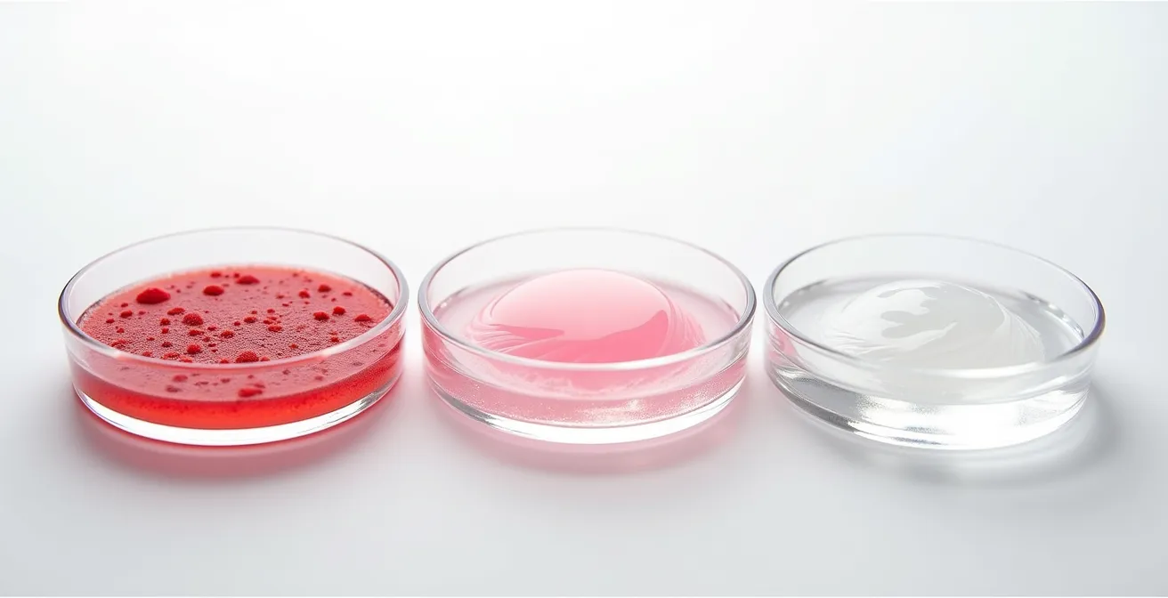 A three-phase visualization of skin healing, showing petri dishes with red inflamed texture, then a calming pink gel, and finally a clear protective balm.