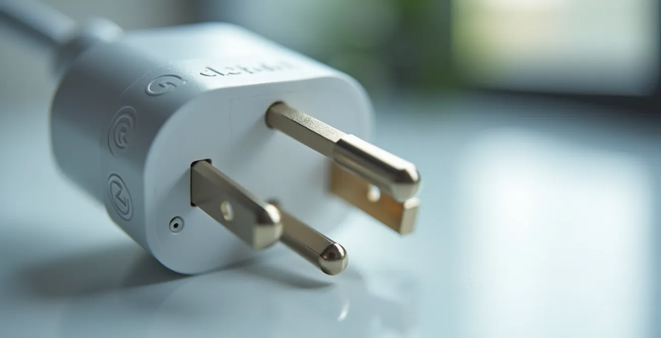 Close-up of a certified smart plug with safety markings and heat dissipation design