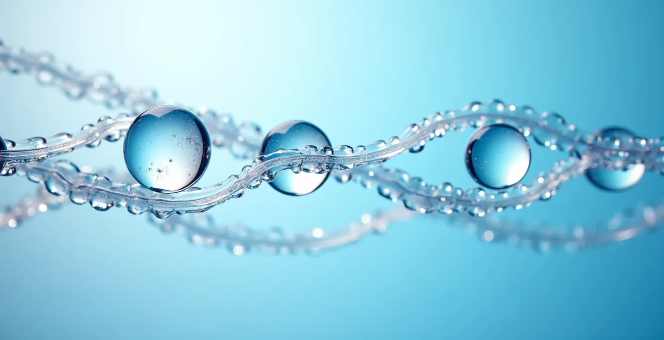 Visual representation of polymer chains forming a gel membrane through calcium ion crosslinking