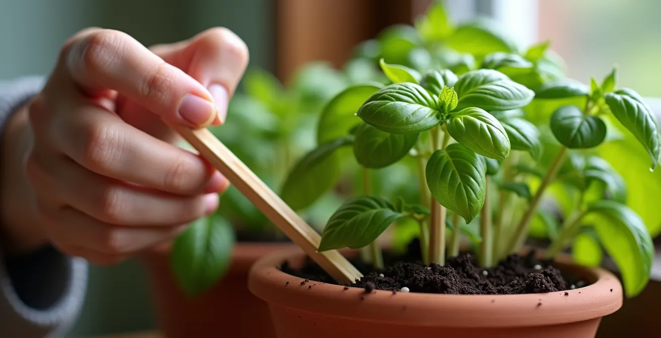 Close-up of a hand inserting a bamboo skewer into potted herb soil to check moisture levels