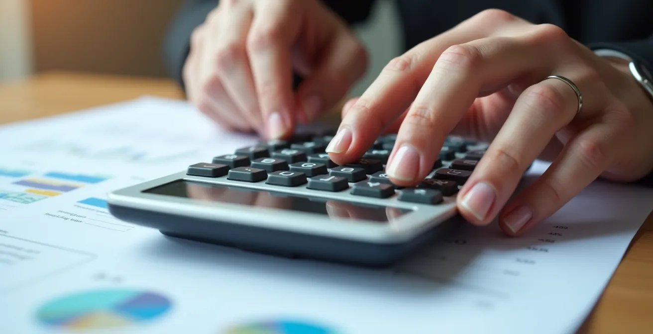 Hands calculating solar panel costs with calculator and financial documents