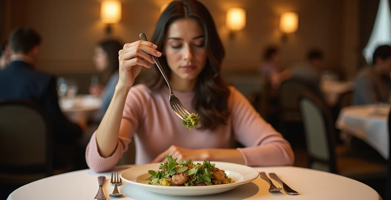 Solo diner at an elegant wellness restaurant with a mountain view practicing mindful eating, conveying confidence and serenity.