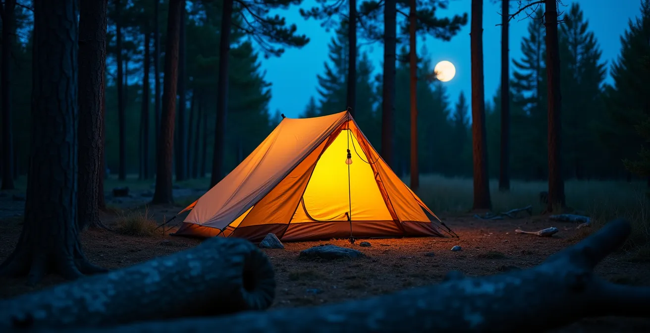 Peaceful tent setup in forest clearing under starlit sky