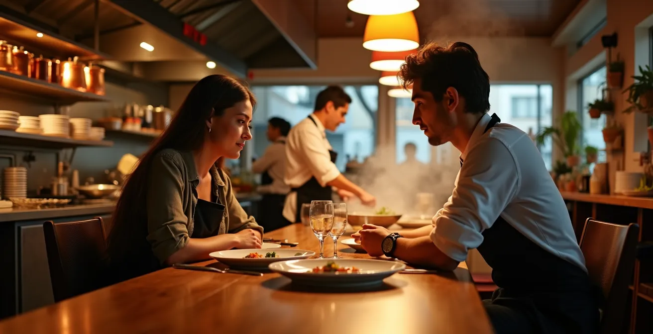 Person seated alone at restaurant chef's counter watching meal preparation in warm kitchen lighting