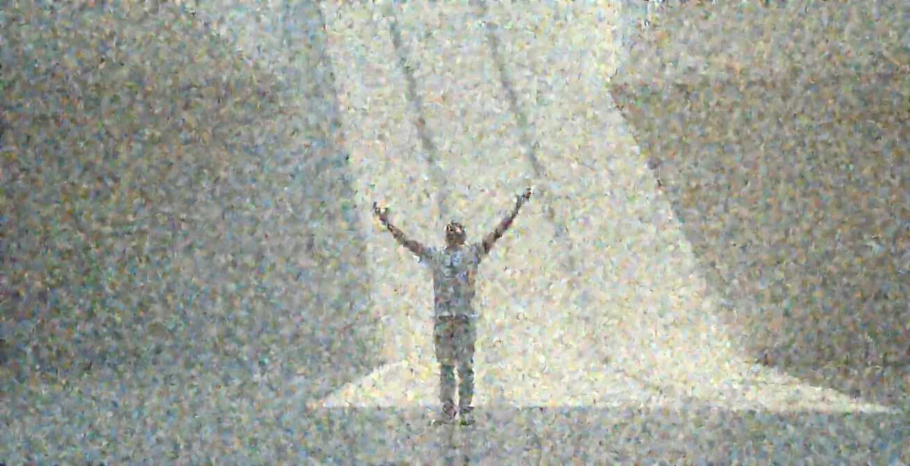 Speaker in a meditative pose with abstract flowing energy patterns around them