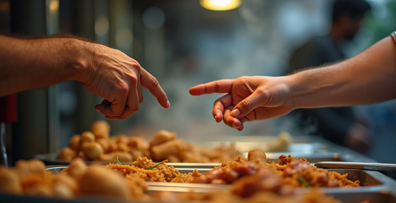 Close-up interaction between customer and street food vendor using hand gestures