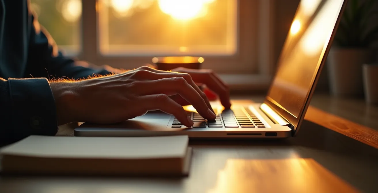 Hands poised over a laptop keyboard during a warm sunrise, symbolizing the dedicated planning required to book a popular stay.