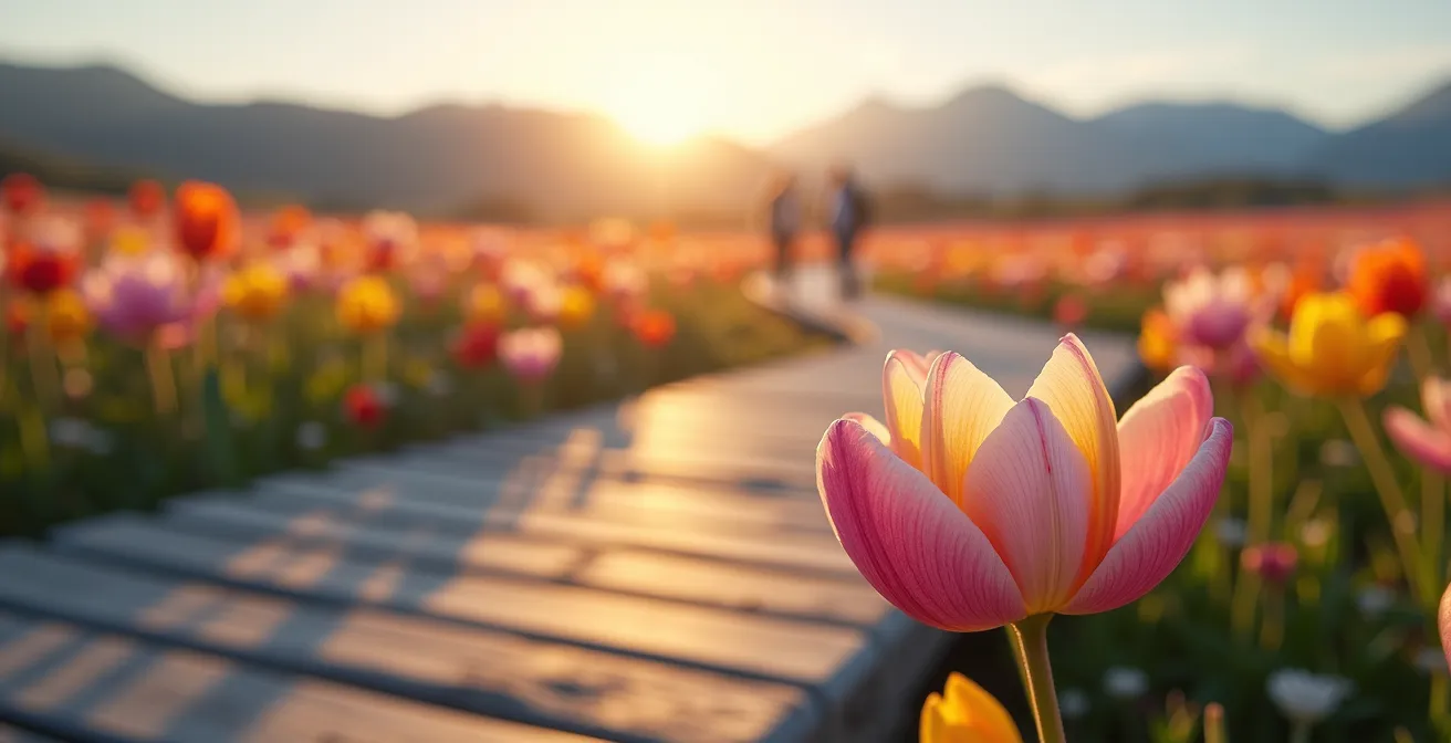 Vast wildflower superbloom landscape with designated viewing path and untouched flower fields