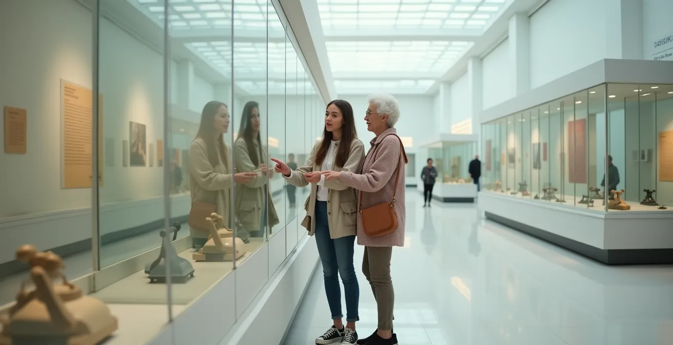 A teenage girl and her grandmother examining an old rotary phone in a museum display case, both leaning in with curiosity