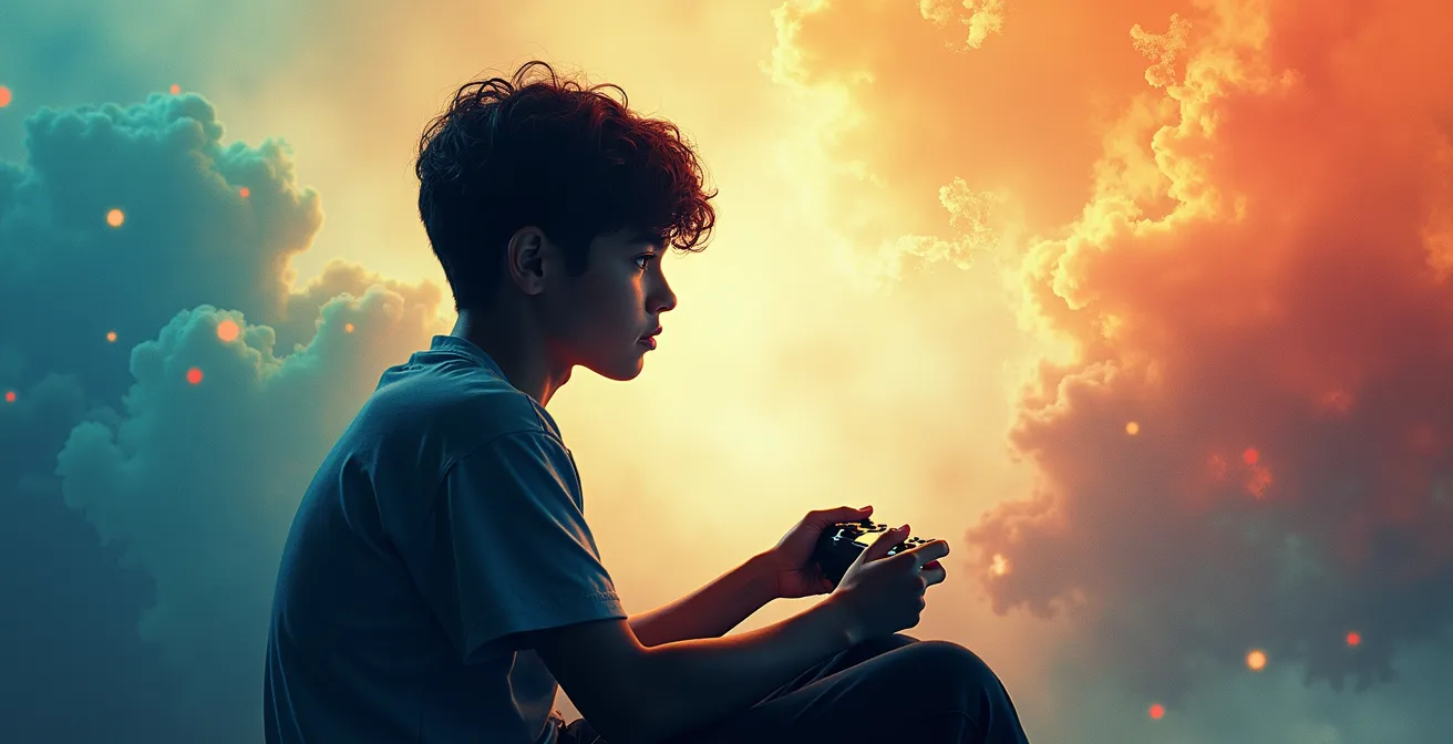 Teenager thoughtfully playing a narrative game with a contemplative expression.