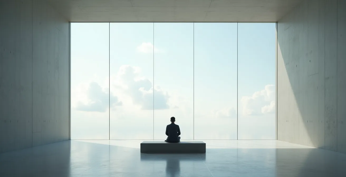 Person observing thoughts as clouds passing in mental landscape