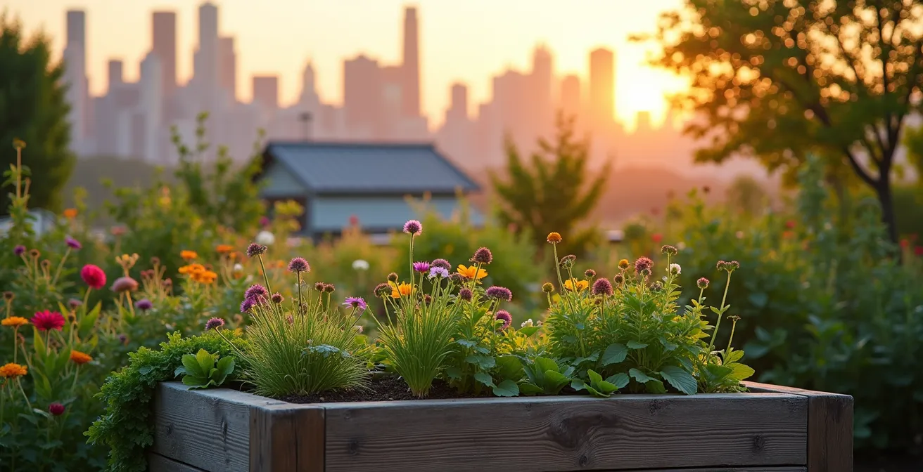 Rooftop garden oasis overlooking urban skyline at golden hour