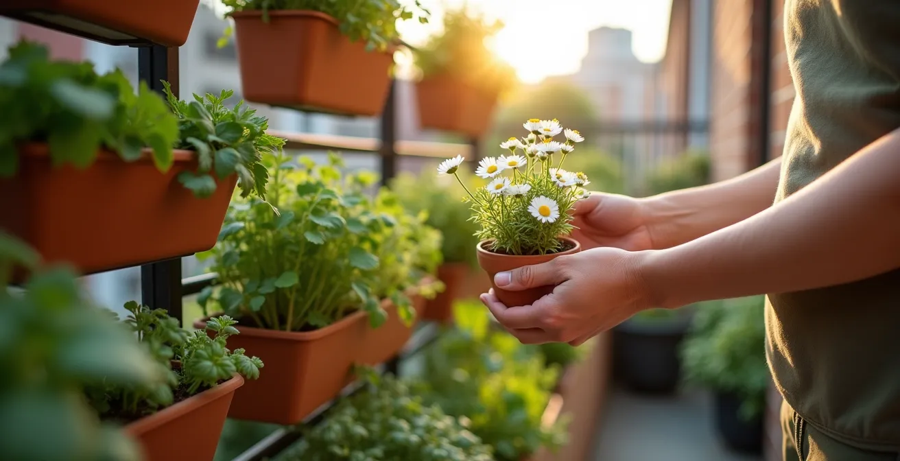 Small balcony with vertical herb garden featuring medicinal plants