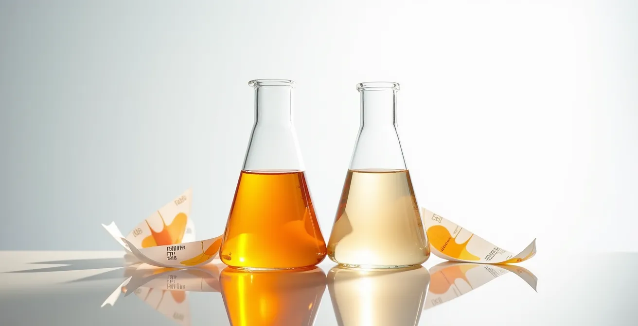 Laboratory glassware showing two different vitamin C solutions with contrasting colors and pH indicators